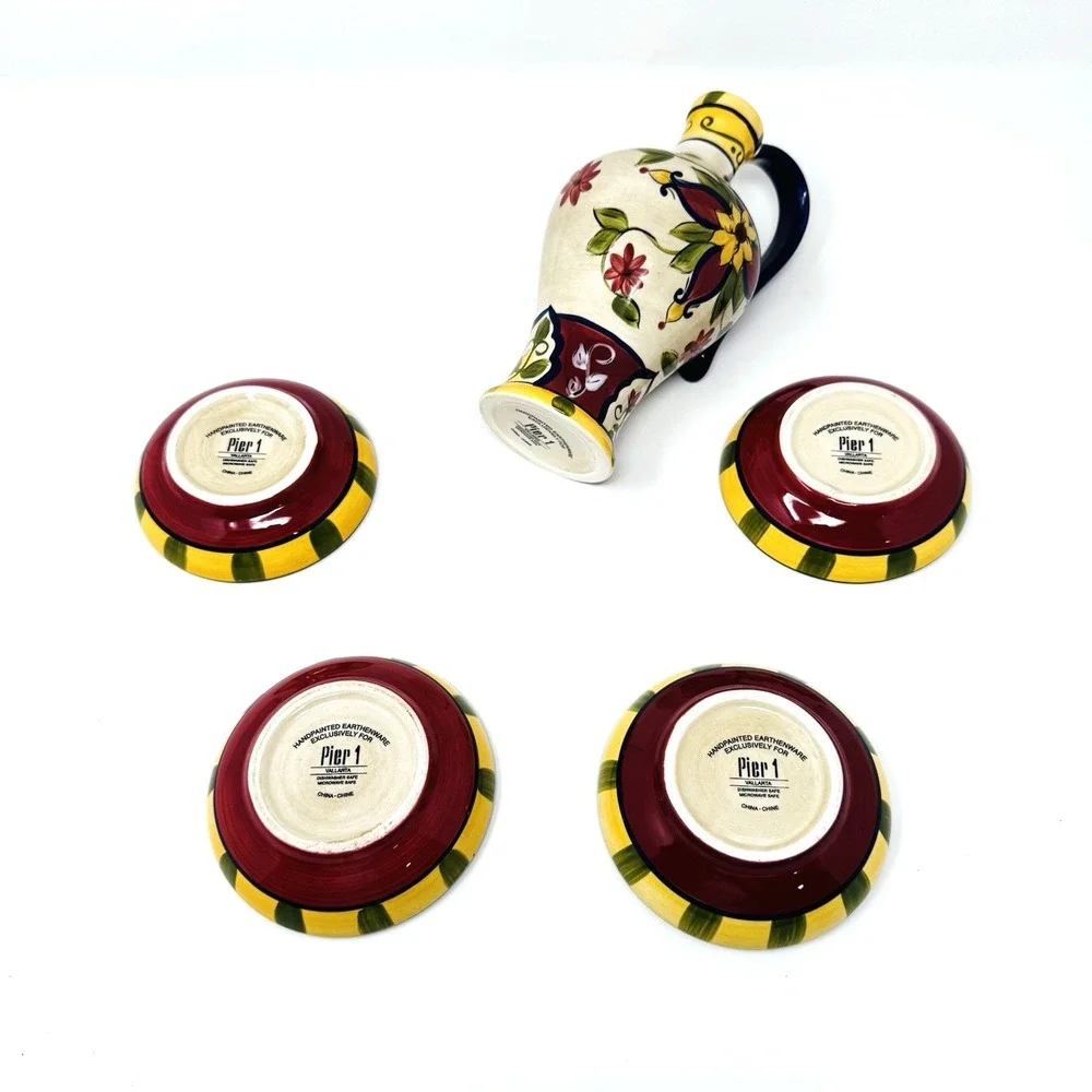 Pier 1 Vallarta Hand Painted Earthenware Oil Cruet & 4 Dip Bowls Floral Colorful